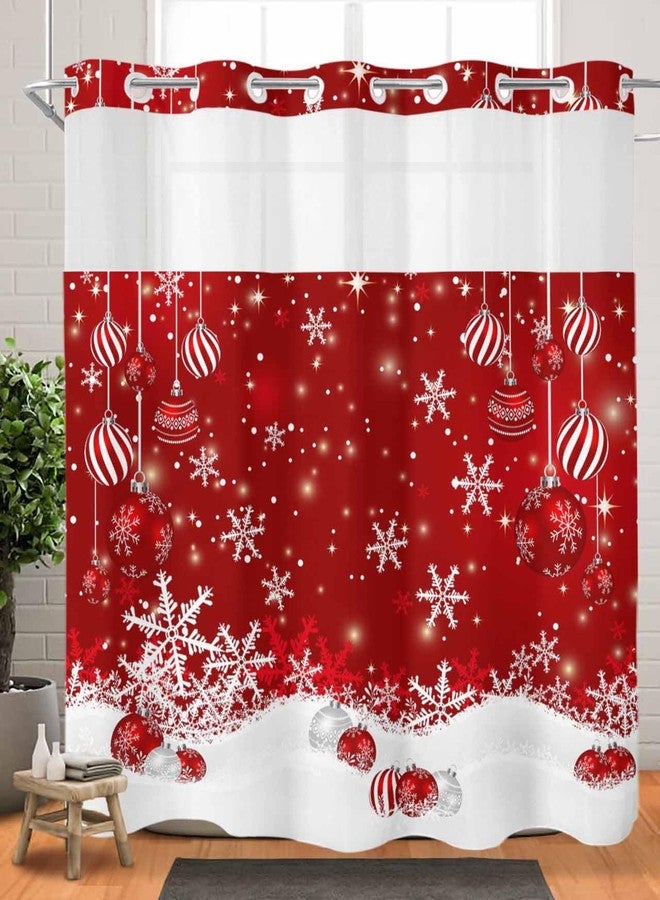 LooPoP No Hook Shower Curtain with Snap in Liner Set Christmas Tree Shower Curtains for Bathroom Waterproof Fabric Red Christmas Balls Bath Curtain with See Through Mesh Top Window for Hotel Spa 72x72 Inch - Image 2